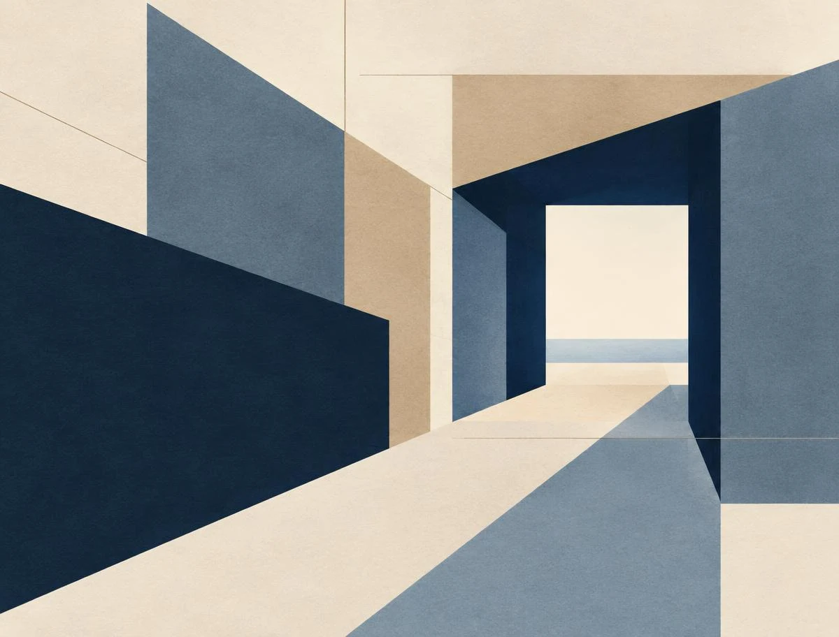 Abstrakt illustration af arkitektoniske flader, der leder mod en åbning