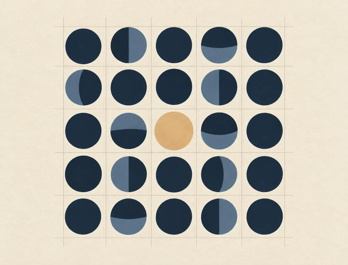 Abstract illustration of a sand-coloured circle standing out in a grid of navy forms