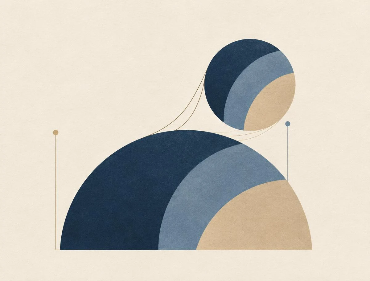 Abstract illustration of two arcs joined by fine lines, the larger supporting the smaller